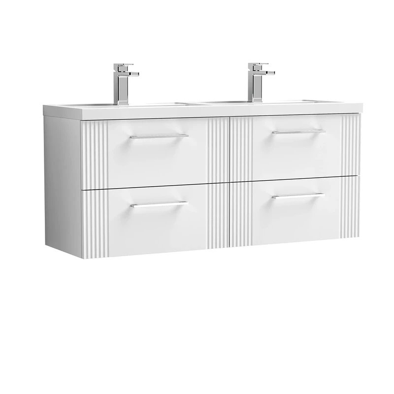 nuie DPF193C Deco Modern Bathroom Wall Hung 4 Drawer Part Fluted Vanity Unit with Twin Polymarble Basin, Satin White