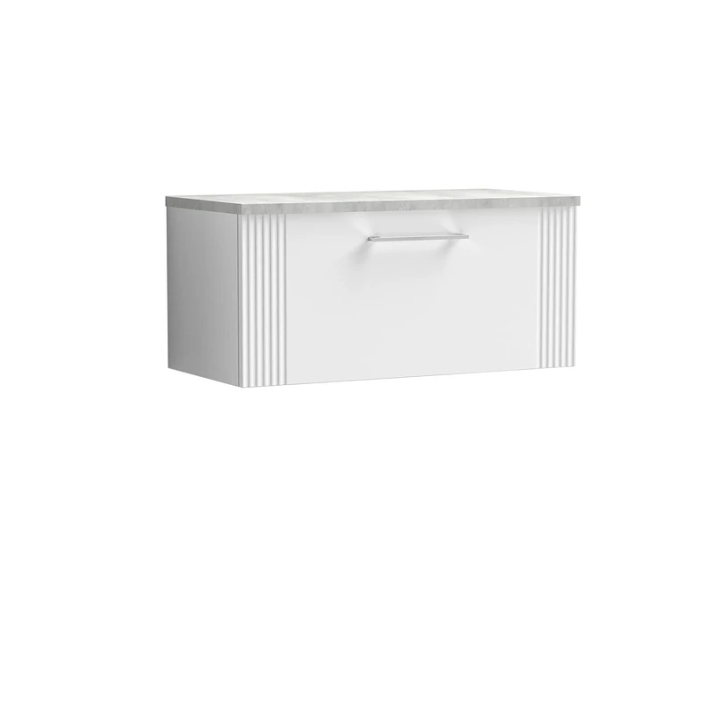 nuie DPF196LBG Deco Modern Bathroom Wall Hung 1 Drawer Part Fluted Vanity Basin Unit with Laminate Bellato Grey Worktop, 800mm, Satin White