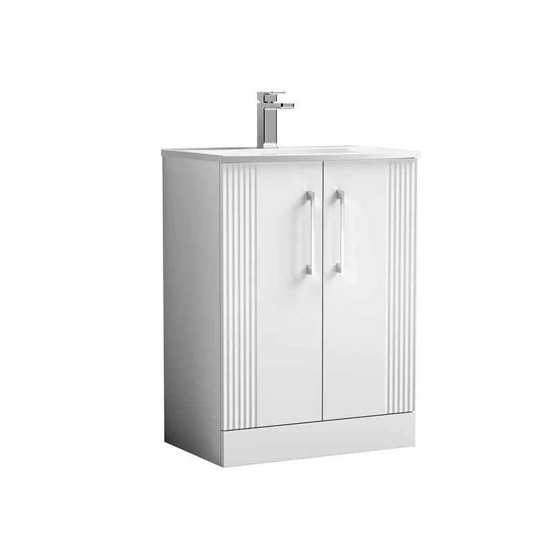 nuie DPF125G Deco Modern Bathroom Floor Standing 2 Door Part Fluted Vanity Basin Unit with Curved Ceramic Basin, 600mm, Satin White