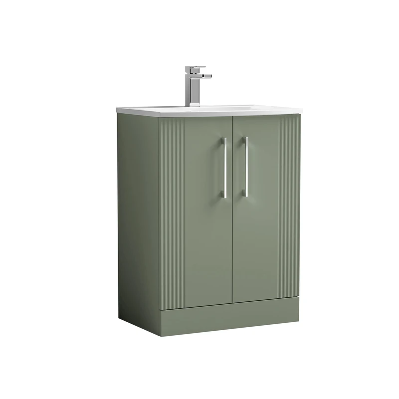 nuie DPF825G Deco Modern Bathroom Floor Standing 2 Door Part Fluted Vanity Unit with Curved Ceramic Basin, Satin Green