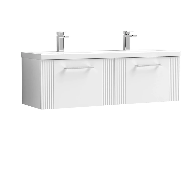 nuie DPF194F Deco Modern Bathroom Wall Hung 2 Drawer Part Fluted Vanity Unit with Twin Ceramic Basin, Satin White