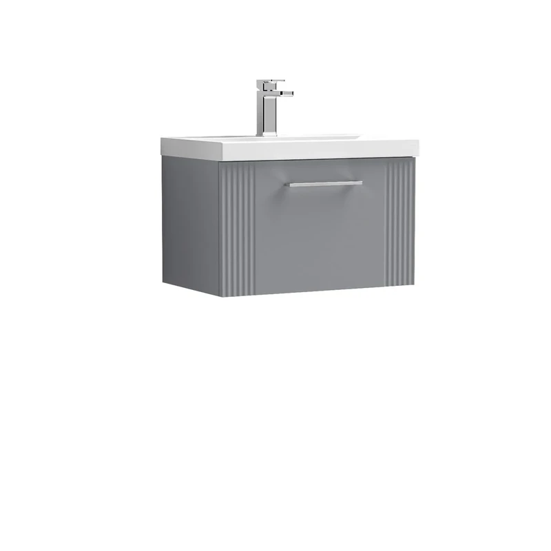 nuie DPF294D Deco Modern Bathroom Wall Hung 1 Drawer Part Fluted Vanity Unit with Thin-Edge Ceramic Basin, Satin Grey