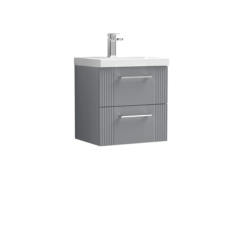 nuie DPF292A Deco Modern Bathroom Wall Hung 2 Drawer Part Fluted Vanity Unit with Mid-Edge Ceramic Basin, Satin Grey