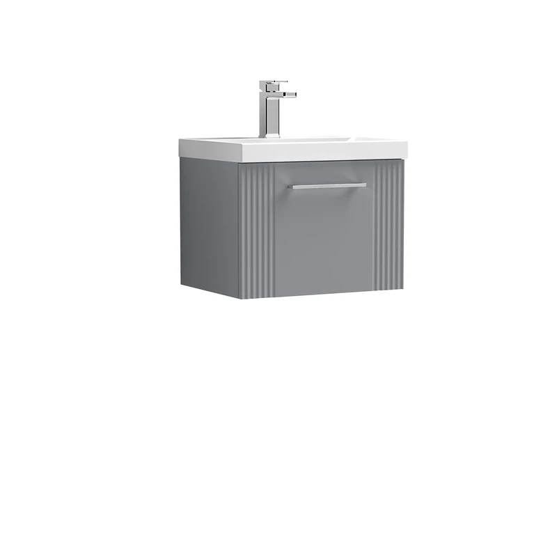 nuie DPF291D Deco Modern Bathroom Wall Hung 1 Drawer Part Fluted Vanity Unit with Thin-Edge Ceramic Basin, Satin Grey