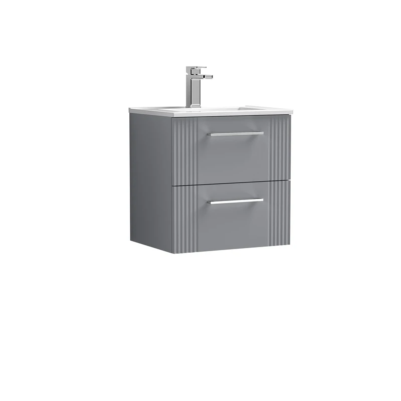 nuie DPF292B Deco Modern Bathroom Wall Hung 2 Drawer Part Fluted Vanity Basin Unit with Minimalist Ceramic Basin, 500mm, Satin Grey