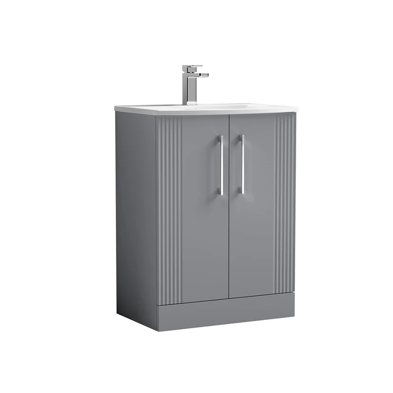 nuie DPF225G Deco Modern Bathroom Floor Standing 2 Door Part Fluted Vanity Unit with Curved Ceramic Basin, Satin Grey