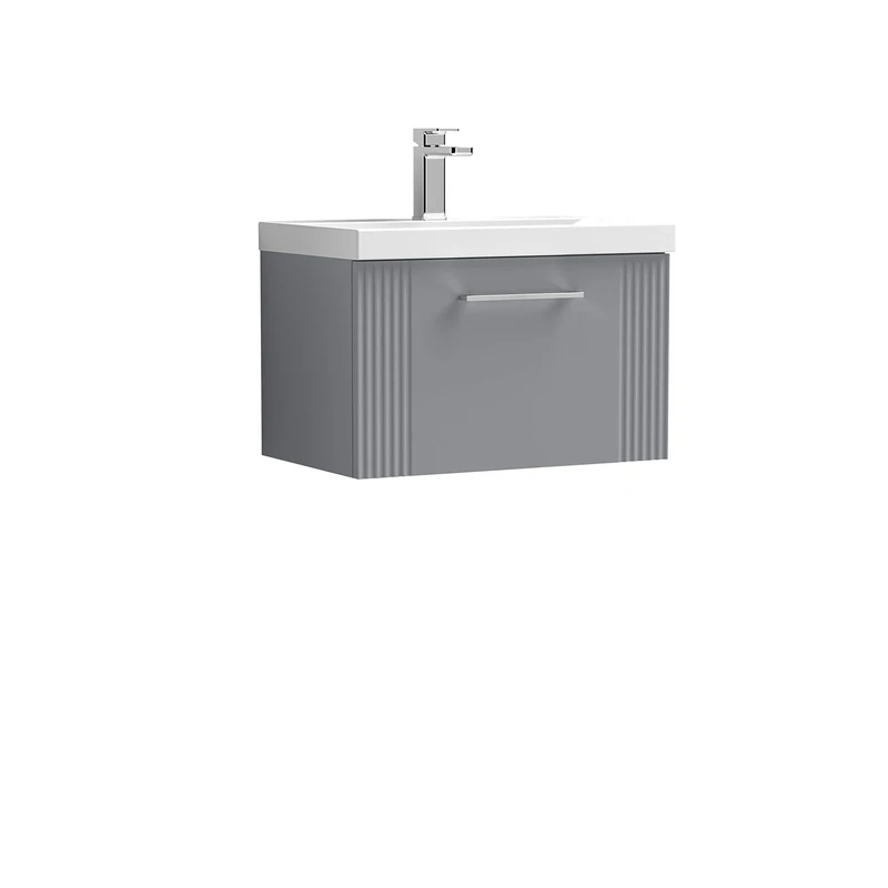 nuie DPF294A Deco Modern Bathroom Wall Hung 1 Drawer Part Fluted Vanity Unit with Mid-Edge Ceramic Basin, Satin Grey