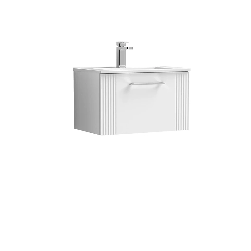 nuie DPF194B Deco Modern Bathroom Wall Hung 1 Drawer Part Fluted Vanity Unit with Minimalist Ceramic Basin, Satin White