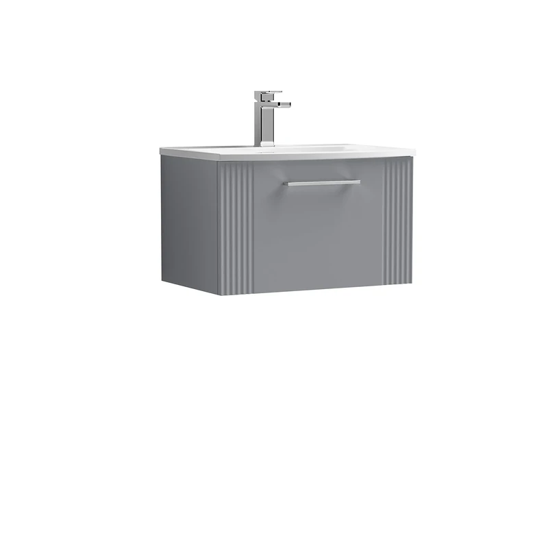 nuie DPF294G Deco Modern Bathroom Wall Hung 1 Drawer Part Fluted Vanity Basin Unit with Curved Ceramic Basin, 600mm, Satin Grey