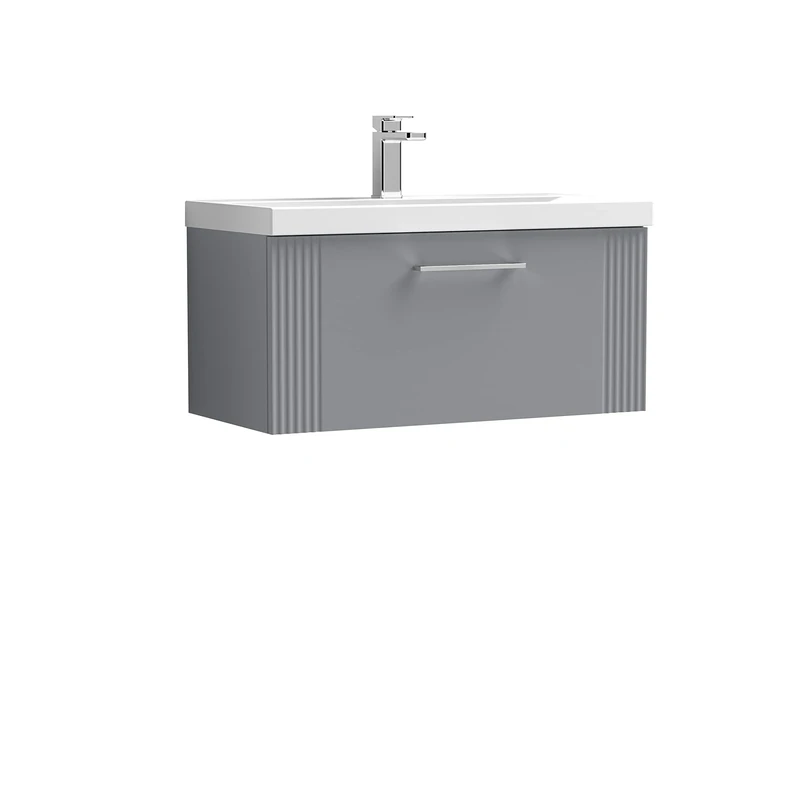 nuie DPF296A Deco Modern Bathroom Wall Hung 1 Drawer Part Fluted Vanity Unit with Mid-Edge Ceramic Basin, Satin Grey