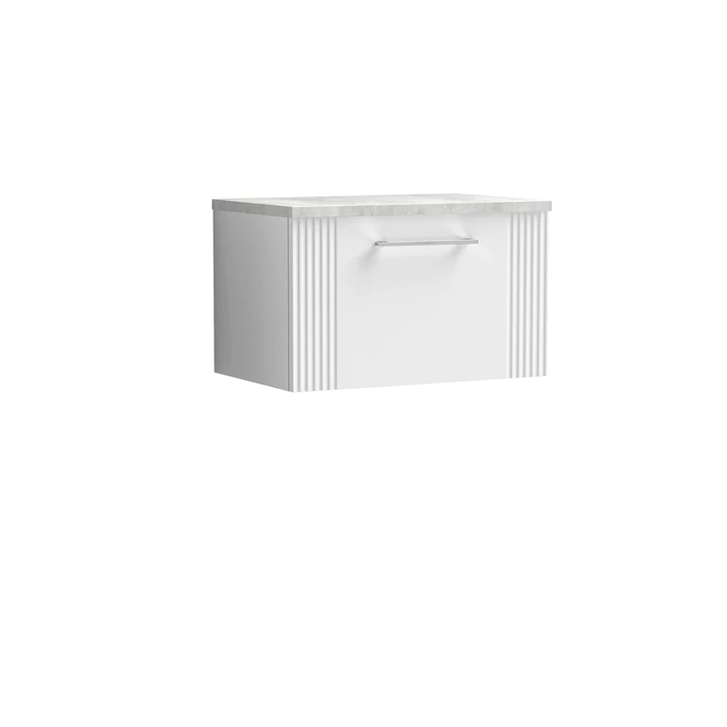 nuie DPF194LBG Deco Modern Bathroom Wall Hung 1 Drawer Part Fluted Vanity Basin Unit with Laminate Bellato Grey Worktop, 600mm, Satin White