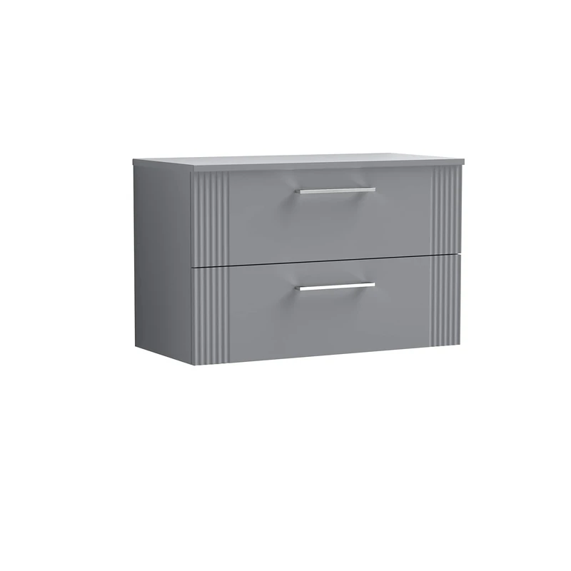 nuie DPF295W Deco Modern Bathroom Wall Hung 2 Drawer Part Fluted Vanity Basin Unit with Worktop, Satin Grey