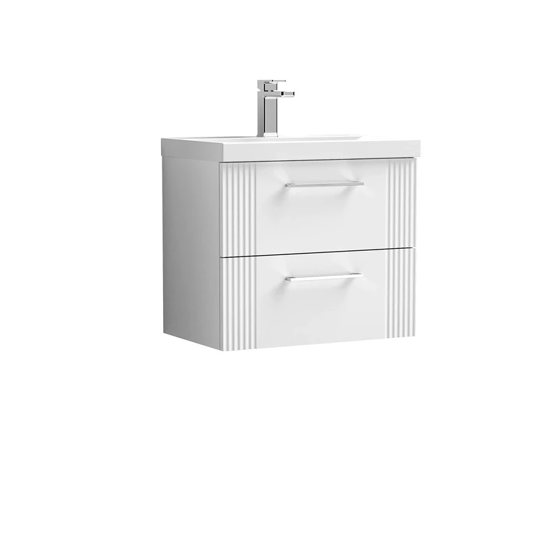 nuie DPF193D Deco Modern Bathroom Wall Hung 2 Drawer Part Fluted Vanity Unit with Thin-Edge Ceramic Basin, Satin White