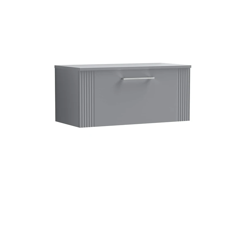 nuie DPF296W Deco Modern Bathroom Wall Hung 1 Drawer Part Fluted Vanity Basin Unit with Worktop, Satin Grey