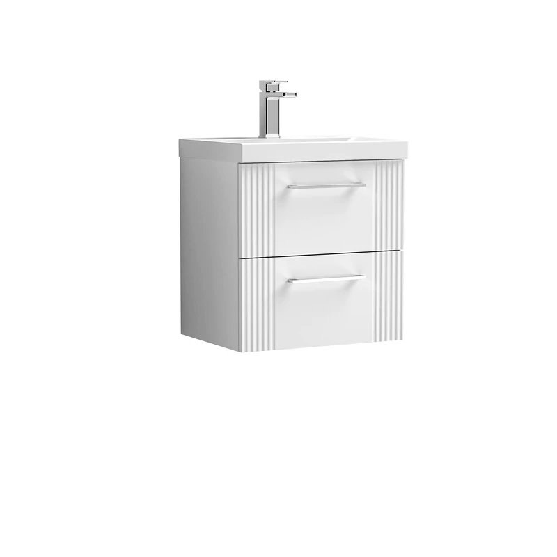 nuie DPF192A Deco Modern Bathroom Wall Hung 2 Drawer Part Fluted Vanity Unit with Mid-Edge Ceramic Basin, Satin White