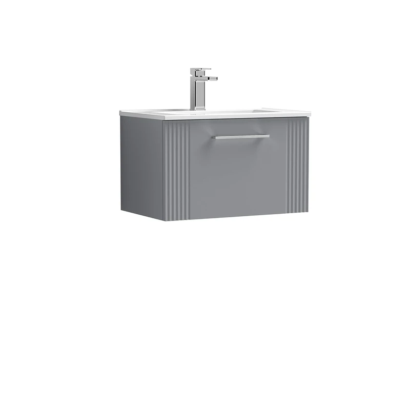 nuie DPF294B Deco Modern Bathroom Wall Hung 1 Drawer Part Fluted Vanity Unit with Minimalist Ceramic Basin, Satin Grey