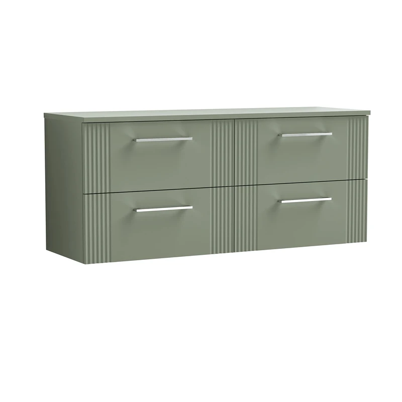 nuie DPF893W2 Deco Modern Bathroom Wall Hung 4 Drawer Part Fluted Vanity Basin Unit with Double Worktop, 1200mm, Satin Green