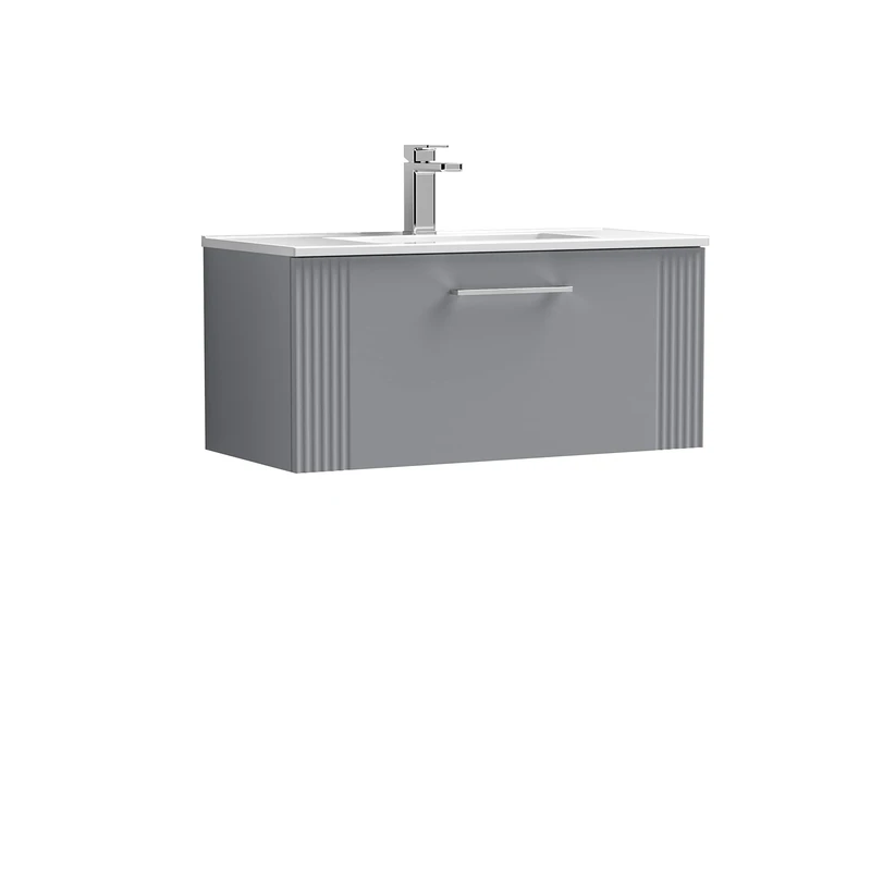nuie Modern Bathroom Wall Hung 1 Drawer Part Fluted Vanity Unit with Minimalist Ceramic Basin, Satin Grey