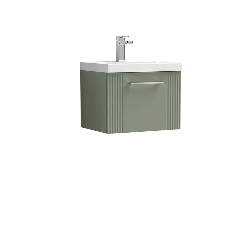 nuie DPF891A Deco Modern Bathroom Wall Hung 1 Drawer Part Fluted Vanity Basin Unit with Mid-Edge Ceramic Basin, 500mm, Satin Green