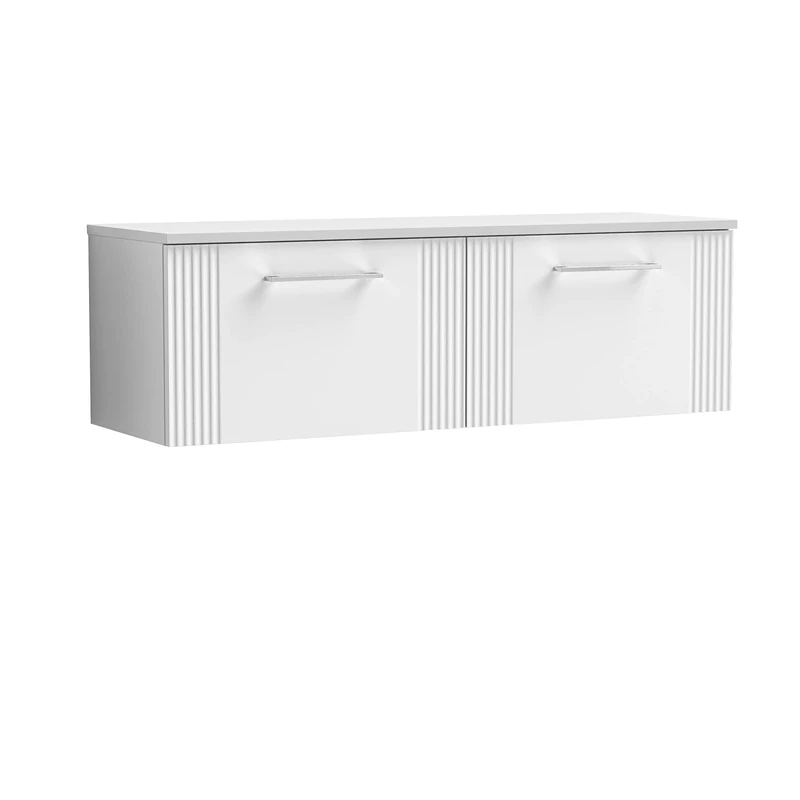 nuie DPF194W2 Deco Modern Bathroom Wall Hung 2 Drawer Part Fluted Vanity Basin Unit with Double Worktop, 1200mm, Satin White