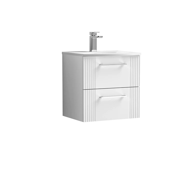nuie DPF192G Deco Modern Bathroom Wall Hung 2 Drawer Part Fluted Vanity Unit with Curved Ceramic Basin, Satin White