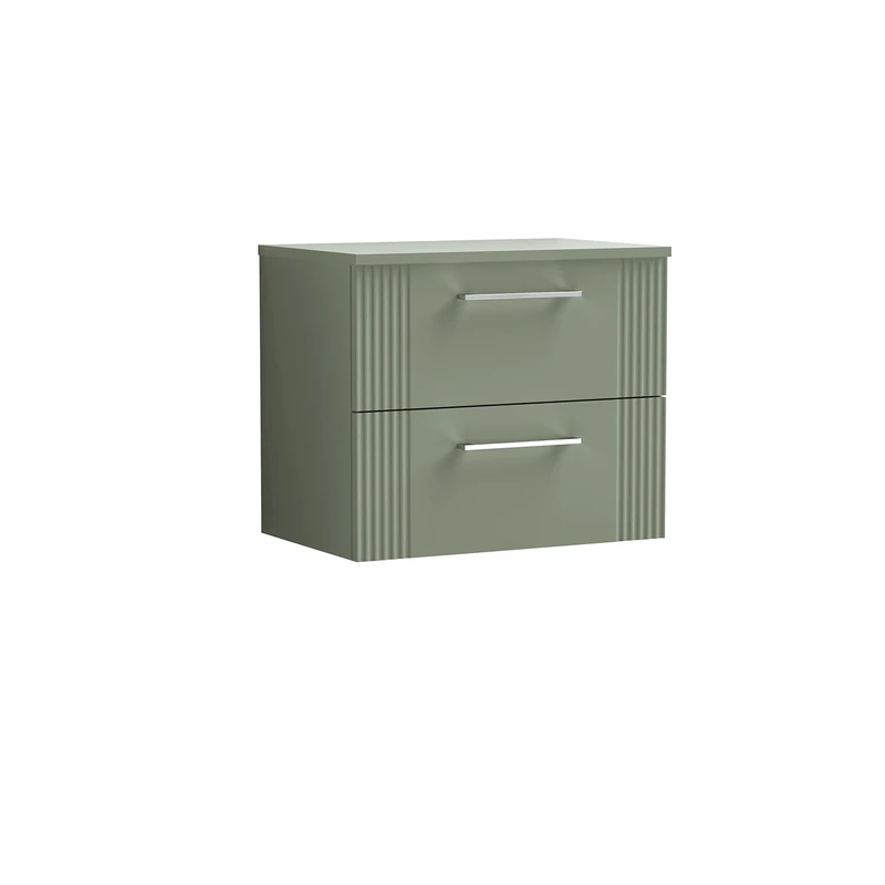 nuie DPF893W Deco Modern Bathroom Wall Hung 2 Drawer Part Fluted Vanity Basin Unit with Worktop, Satin Green