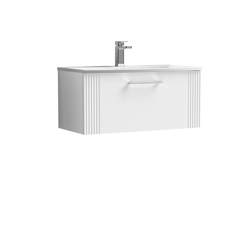 nuie DPF196G Deco Modern Bathroom Wall Hung 1 Drawer Part Fluted Vanity Unit with Curved Ceramic Basin, Satin White