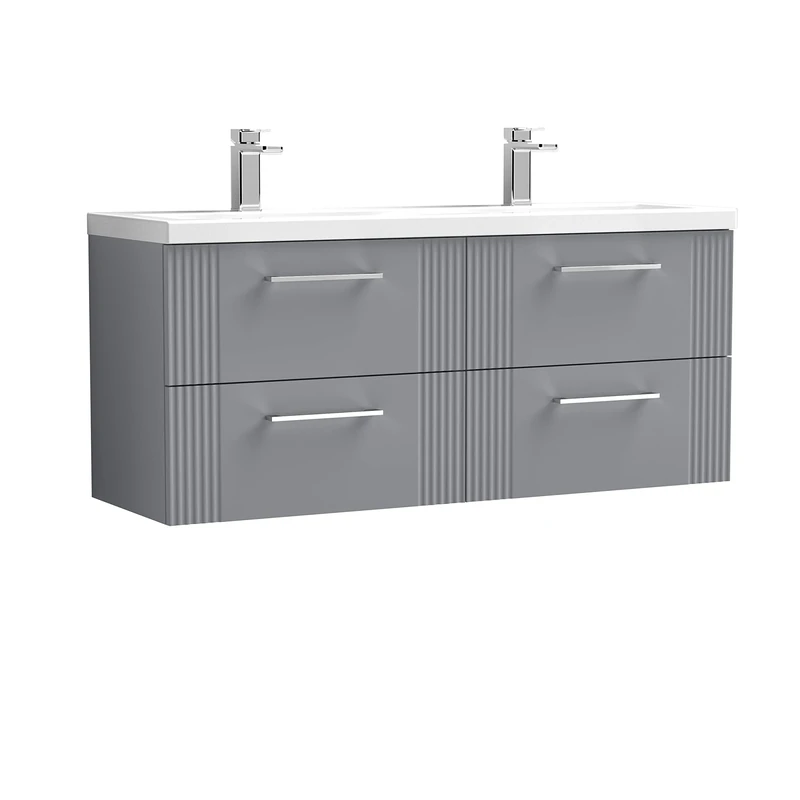 nuie DPF293F Deco Modern Bathroom Wall Hung 4 Drawer Part Fluted Vanity Unit with Twin Ceramic Basin, Satin Grey
