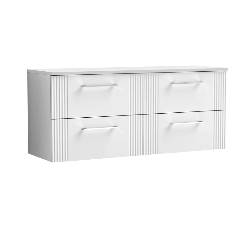 nuie DPF193W2 Deco Modern Bathroom Wall Hung 4 Drawer Part Fluted Vanity Basin Unit with Double Worktop, 1200mm, Satin White