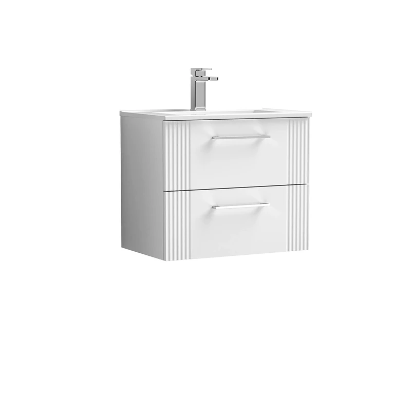 nuie DPF193B Deco Modern Bathroom Wall Hung 2 Drawer Part Fluted Vanity Unit with Minimalist Ceramic Basin, Satin White