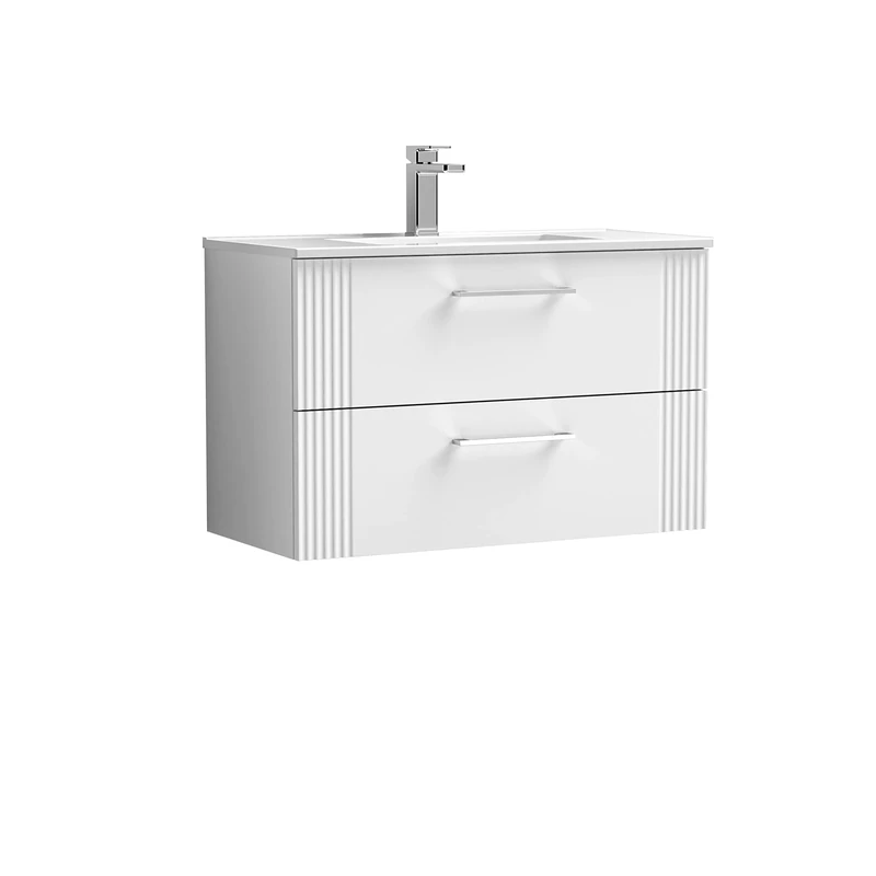nuie DPF195B Deco Modern Bathroom Wall Hung 2 Drawer Part Fluted Vanity Unit with Minimalist Ceramic Basin, Satin White