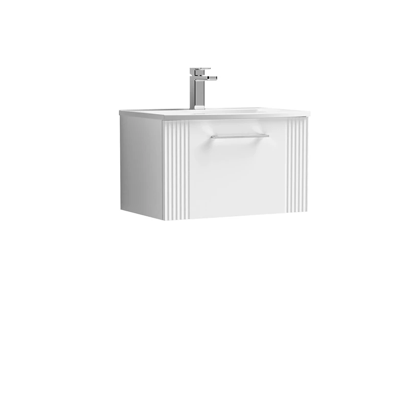 nuie DPF194G Deco Modern Bathroom Wall Hung 1 Drawer Part Fluted Vanity Unit with Curved Ceramic Basin, Satin White