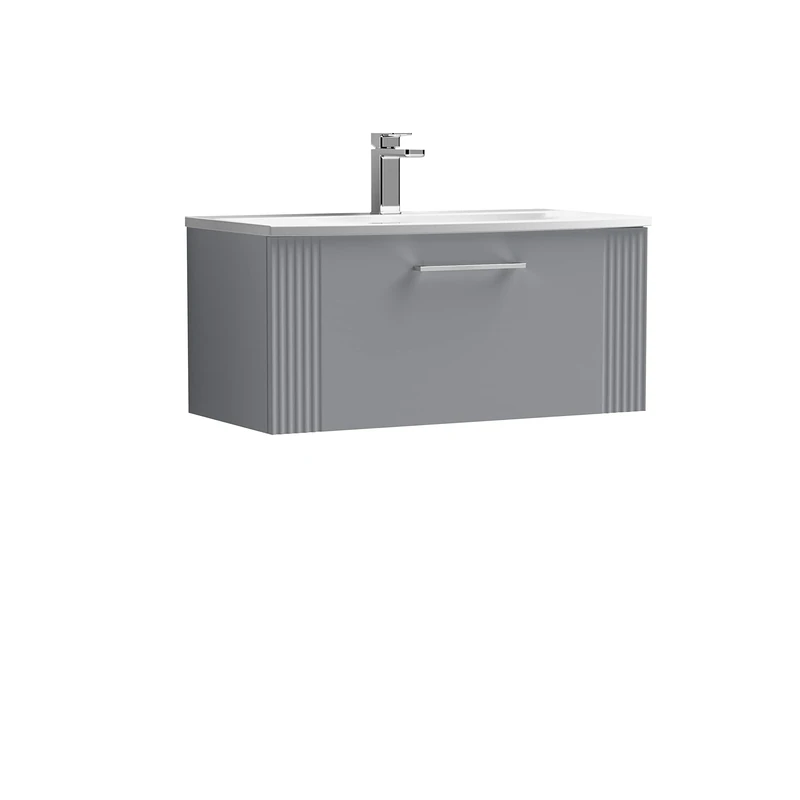 nuie DPF296G Deco Modern Bathroom Wall Hung 1 Drawer Part Fluted Vanity Unit with Curved Ceramic Basin, Satin Grey
