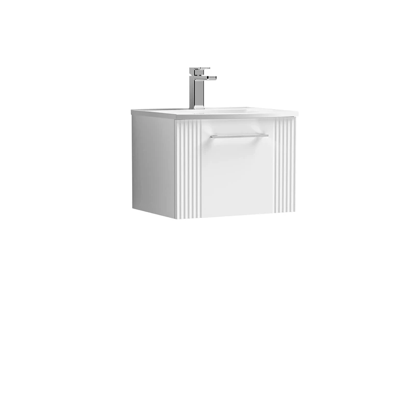 nuie DPF191G Deco Modern Bathroom Wall Hung 1 Drawer Part Fluted Vanity Basin Unit with Curved Ceramic Basin, 500mm, Satin White