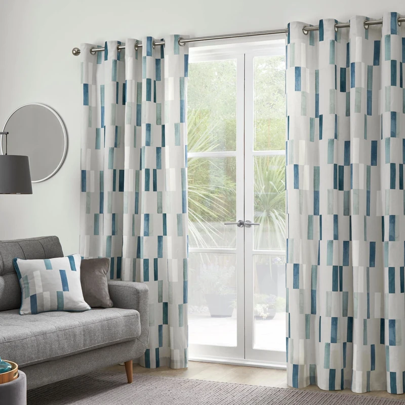 Fusion - Oakland - 100% Cotton Pair of Eyelet Curtains - 46" Width x 54" Drop (117 x 137cm) in Teal