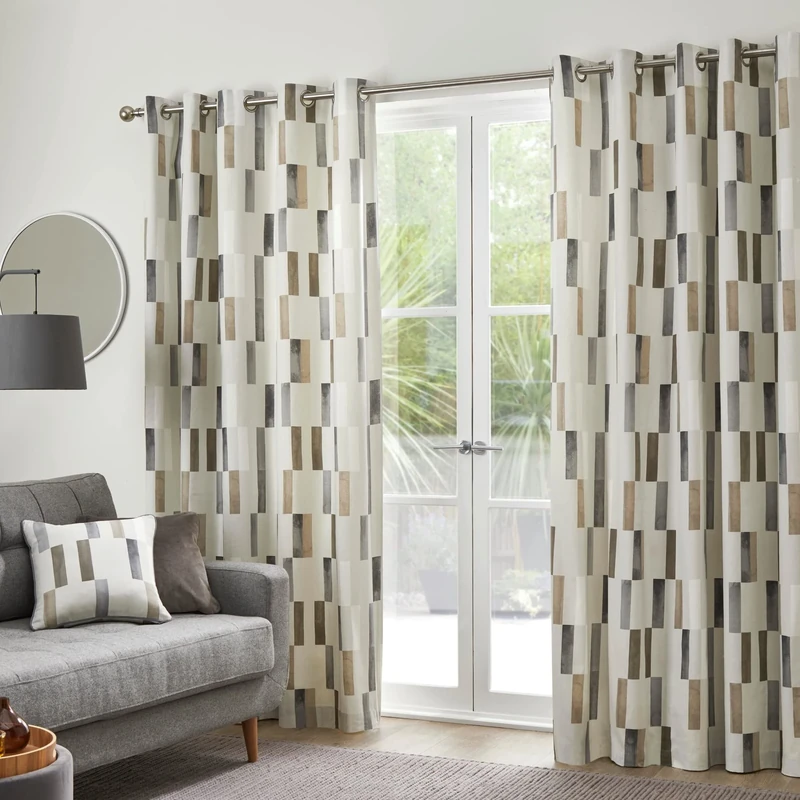 Fusion Natural Geometric Tile Eyelet Curtains – W229 x L183cm (90x72) – 100% Cotton – 2 Panels – Soundproof Thermal Drapes for Bedroom or Living Room
