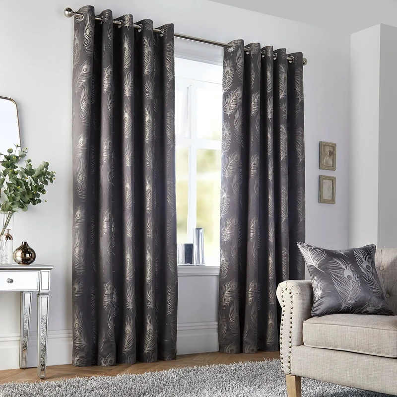 Curtina - Slate Grey Peacock Curtains W66 x L54" (168 x 137cm) - Dark Grey Bird Feather Eyelet Drapes for Living Room/Bedroom - Luxury Peacock Feather Design