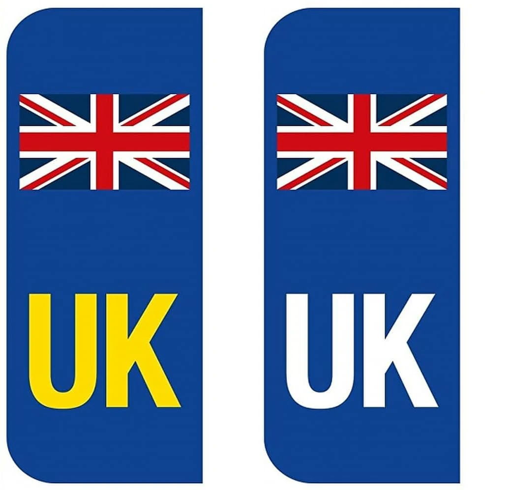 2 Pack UK Number Plate Stickers – Self-Adhesive Vinyl Stickers for Car Travel – Weatherproof – Union Jack Flag Labels Replaces EU or GB Flag – Legal for Driving in Europe Post-Brexit