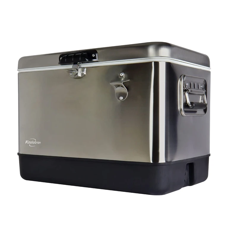 Koolatron Stainless Steel Ice Chest Cool Box w/Bottle Opener, 51 L (54 qt), 85 Can Capacity Portable Beverage Cooler, Silver and Black, for Camping, Beach, Caravan, BBQs, Tailgating, Fishing