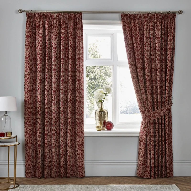 Dreams & Drapes Woven - Hawthorne - Jacquard Pair of Pencil Pleat Curtains With Tie-Backs - 66" Width x 72" Drop (168 x 183cm) in Burgundy