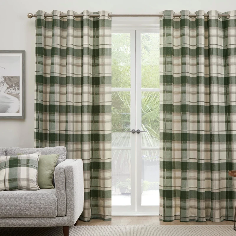 Fusion Matteo Green Tartan Eyelet Curtains W66 x L90 (168x229cm) – 2 Panels – 100% Cotton – Olive Green Check Plaid Drapes – Dark Green Curtains for Bedroom, Living Room or Office – Ready to Hang - Image 1