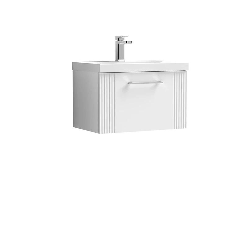 nuie DPF194D Deco Modern Bathroom Wall Hung 1 Drawer Part Fluted Vanity Unit with Thin-Edge Ceramic Basin, Satin White