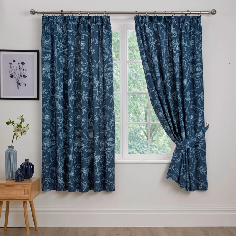 Dreams & Drapes - Blue Floral & Butterfly Curtains W66 x L72" (168 x 183cm) - with 2x Tiebacks - Navy Blue Botanical Curtains - Dark Blue Pleated Curtains with Flower & Butterfly