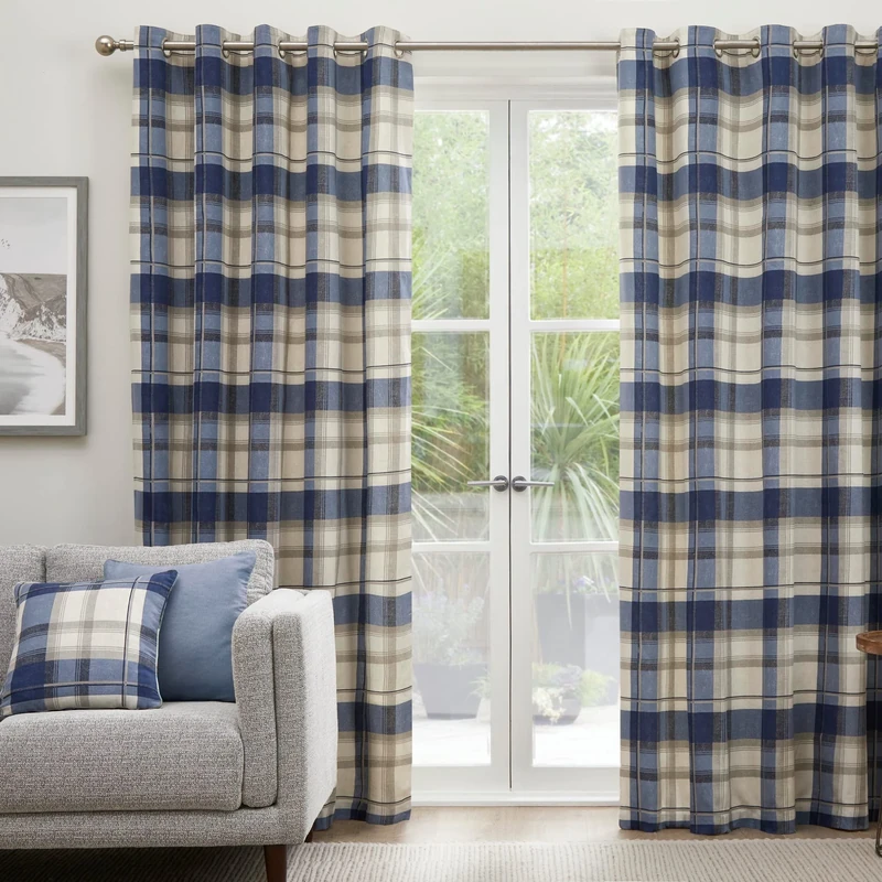 Fusion - Blue Tartan Curtains W90 x L90" (229 x 229cm) - 100% Cotton - 2x Panels - Sapphire Blue Checkered Curtains - Blue Eyelet Curtains in Plaid Pattern - Dark Blue Curtains for Living Room/Bedroom