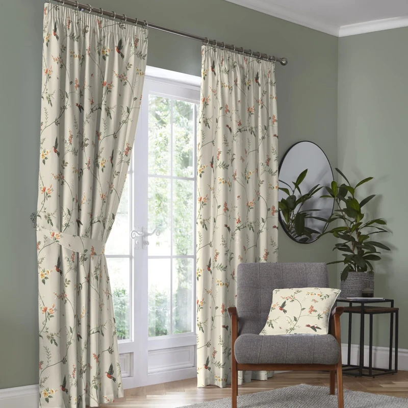 Dreams & Drapes - Natural Floral & Bird Curtains W66 x L54 (168 x 137cm) - 2x Pencil Pleat Curtains - 2x Tie Backs - 100% Cotton - Botanical Curtains & Drapes for Bedroom - Garden Bird Curtains