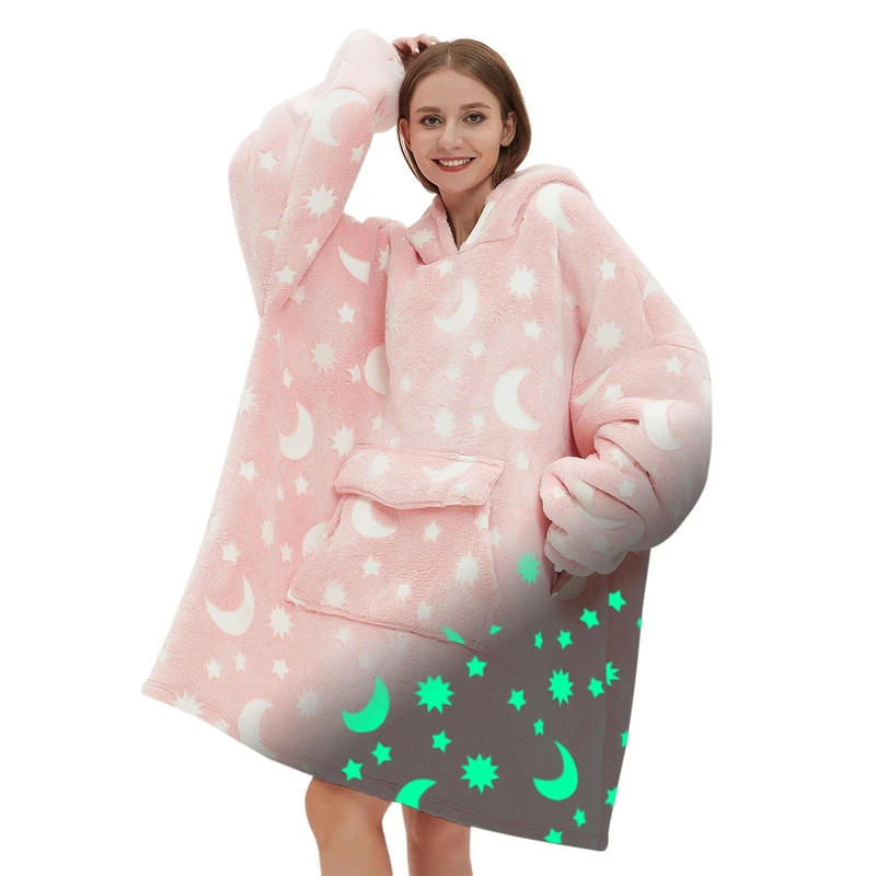 Fiosnow Glow in the Dark Star and Moon Blanket Hoodies for Women and Men Adult Fleece Sherpa Oversize Wearable Blanket Hoodies for Soft and Warm - Image 1