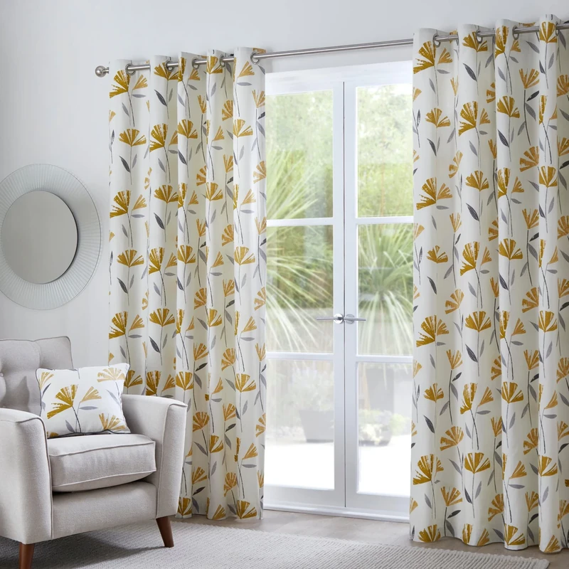 Fusion - Dacey - 100% Cotton Pair of Eyelet Curtains - 90" Width x 90" Drop (229 x 229cm) in Ochre