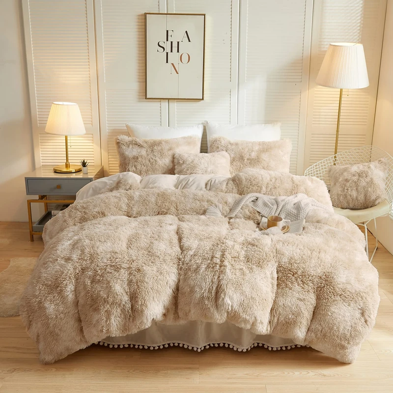 LIFEREVO 3 Pieces Luxury Shaggy Faux Fur Duvet Cover Set Soft Fluffy Fuzzy Comforter Marble Print Furry Bedding,1 Plush Duvet Cover+2 Pillow Covers,Zipper Closure,Tie Dye Off White/Light Beige,Queen