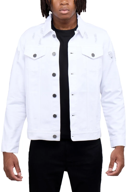 X RAY Mens Denim Jacket, Washed Ripped Distressed Flex Stretch Casual Trucker Biker Jeans Jacket for Men, White - Ripped, M