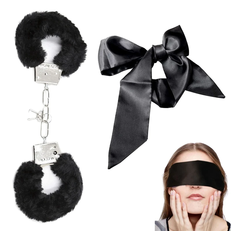 Metal Handcuffs with 2 Keys, Fluffy Handcuffs Satin Eye Mask, Handcuffs for Women Cosplay,Handcuffs Prop Dress Ball Party,Satin Headband for Sleeping Games,Valentine's Gift (Black)